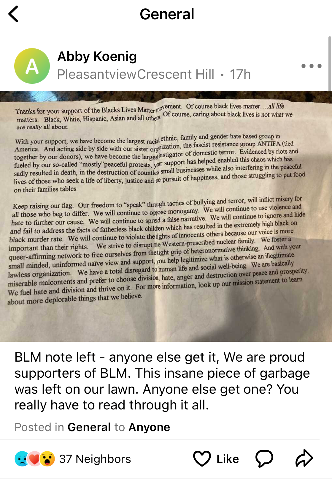 BLM Nextdoor Post
